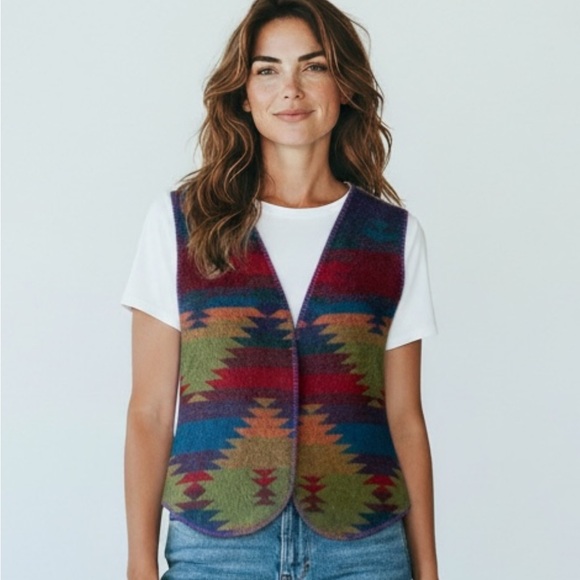 Rhonda Stark Navajo Southwest Wool Blend Blanket Vest Women’s Size Medium - Picture 2 of 11
